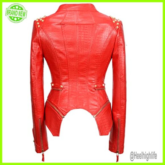 Women's Faux Leather Moto Jacket with Studded Details, Long Sleeve - Picture 4 of 5